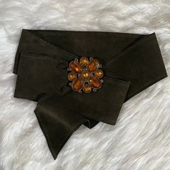 NEW Lake Shore Drive Suede Boho Crystal Flower Vintage Buckle Wide Waist Belt L